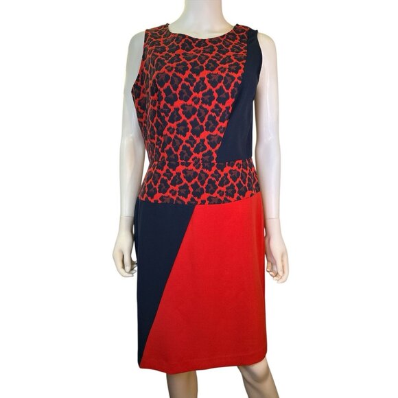 Ann Taylor Womens  Animal Print Color Block Sheath Dress Red And Navy Size 8 NWT - Picture 1 of 8